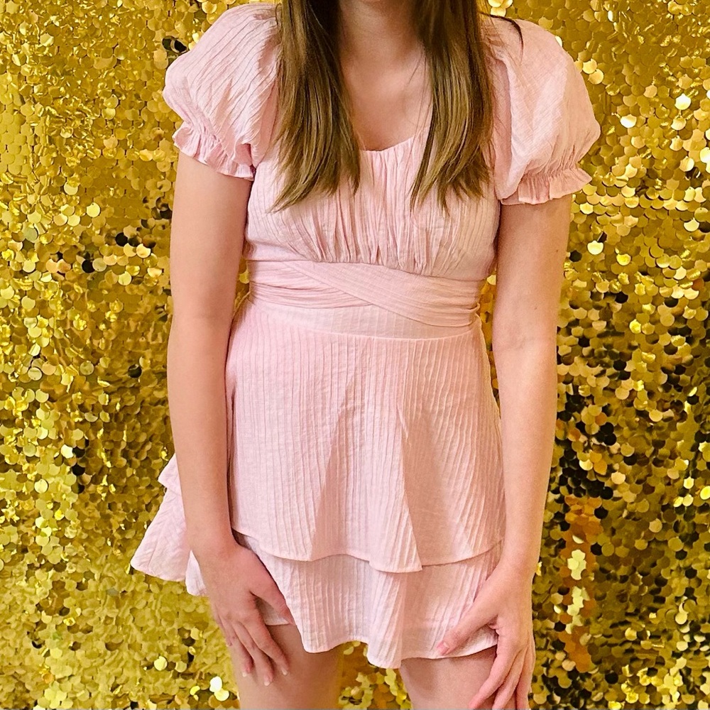 Katie J NYC Pale Pink Tiered Ruffle Mini Dress